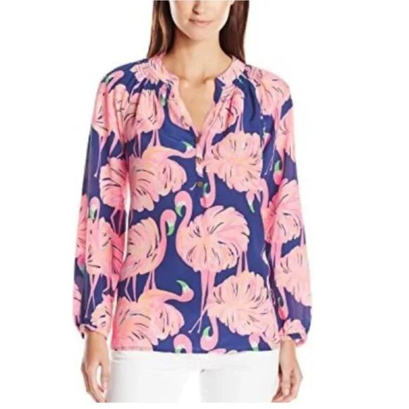Lilly Pulitzer Pink and Blue Flamingo Blouse - Picture 1 of 9